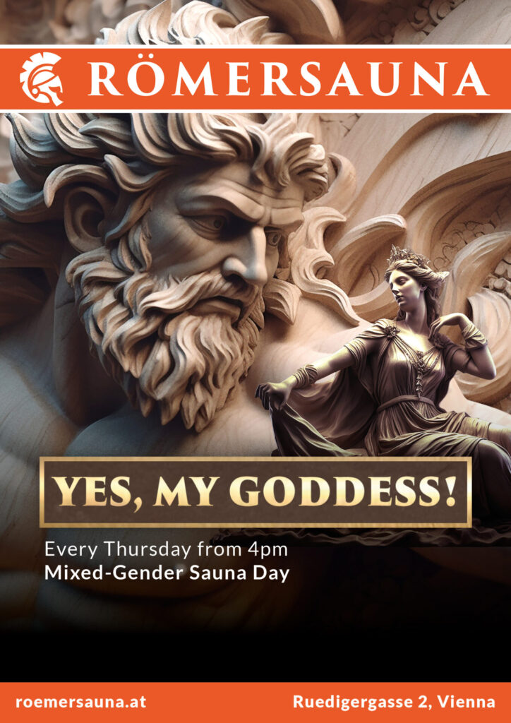 Poster with stone statues of Jupiter and Hera Heading: Yes, my goddess! Every Thursday from 4:00 pm Mixed-gender sauna day