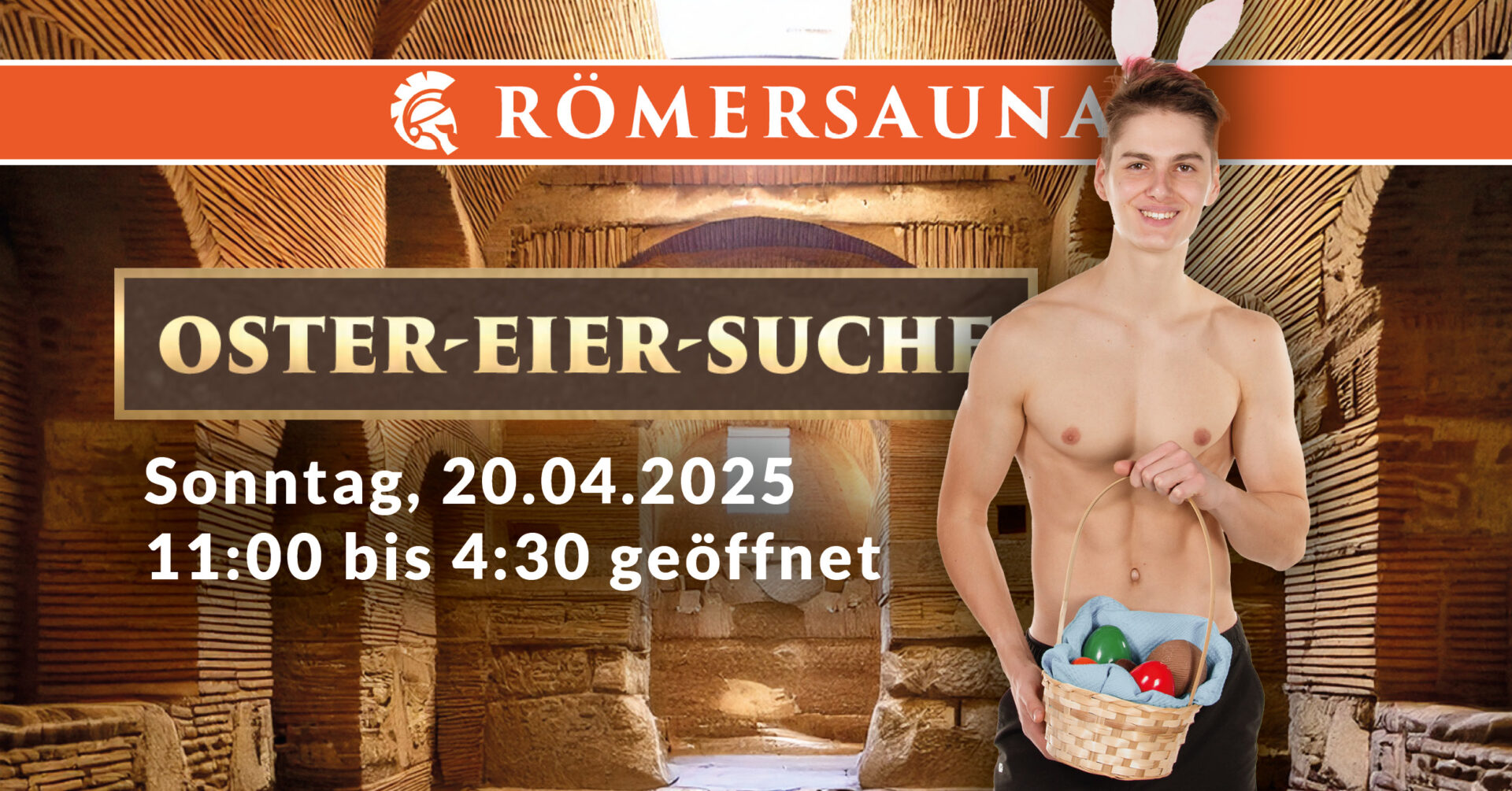 Junger Mann mit Osterkorb bei der Oster-Eier-Suche in der Römersauna am 20. April 2025