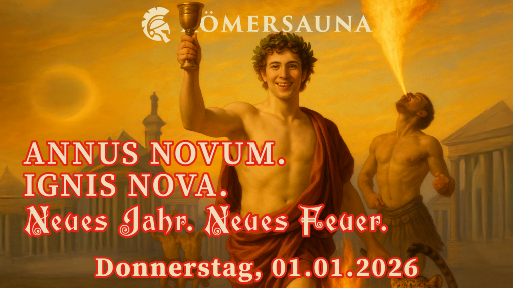 Bacchus with a goblet of wine in front of a great fire in the Roman agora at dawn; gladiator spitting flames, festive atmosphere.