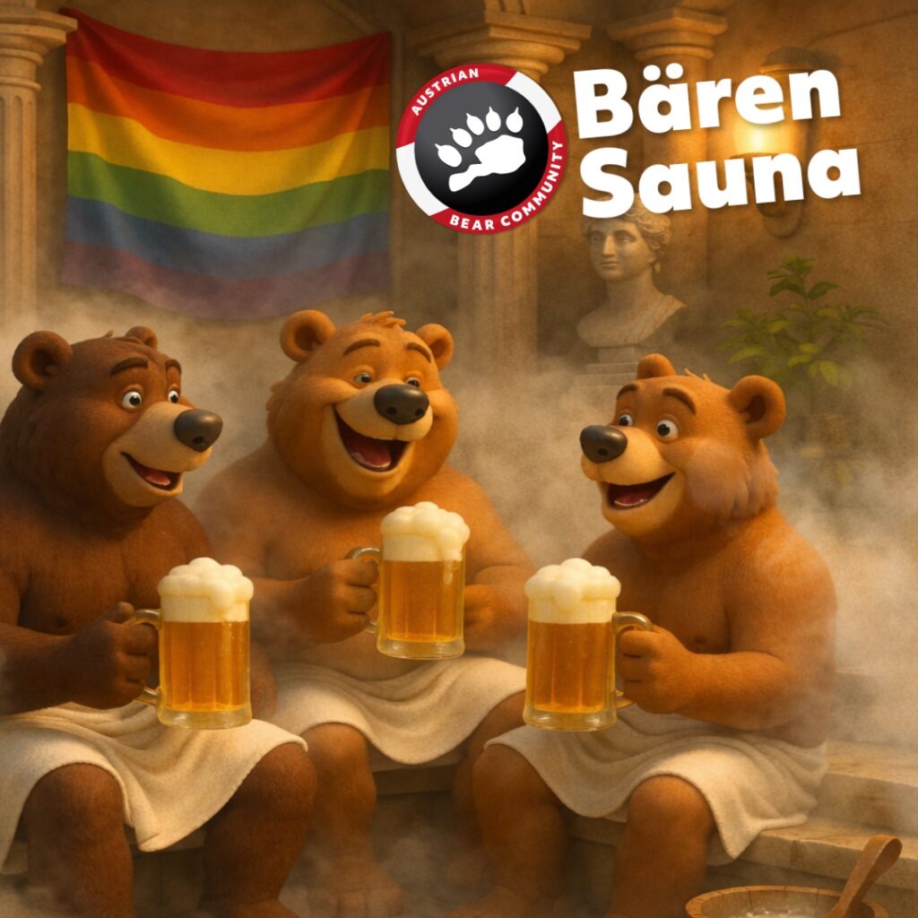 Illustration von drei fröhlichen Bären beim gemeinsamen Saunieren mit Bierkrügen in einer römisch anmutenden Sauna, Banner der Austrian Bear Community im Hintergrund