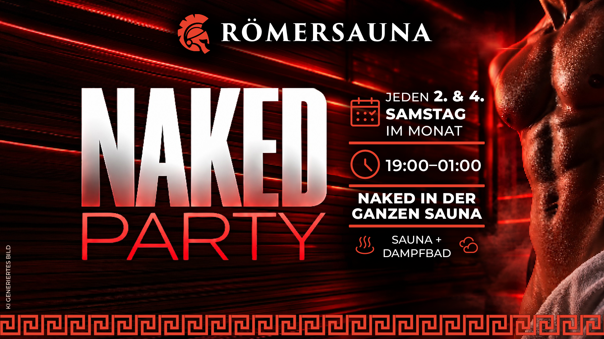 Naked Party in der Römersauna Wien: jeden zweiten Samstag im Monat, 19:00–01:00 Uhr, nackt in der ganzen Sauna. Rot-schwarzes Motiv Rechts ein Mann mit freiem Oberkörper.